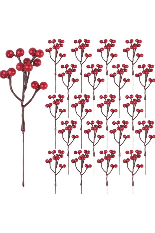 20pcs Red Artificial Plants Holly Little Red Fruit Cheap Christmas Home Outdoor Garden Festival Part