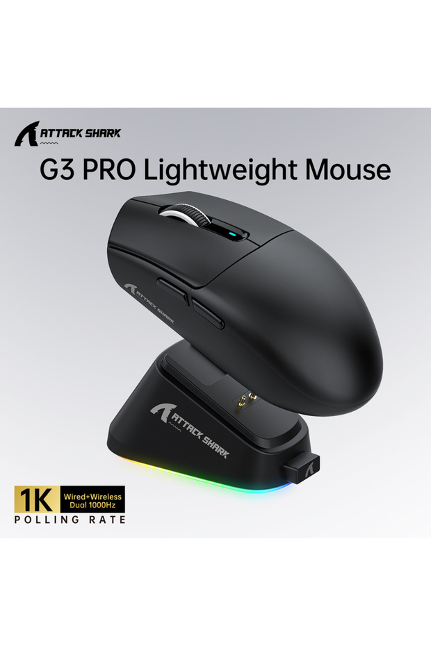 فأرة الألعاب G3PRO ATTACK SHARK G3 PRO السوداء فائقة الخفة بثلاثة أوضاع، تتميز بدقة عالية PAW331