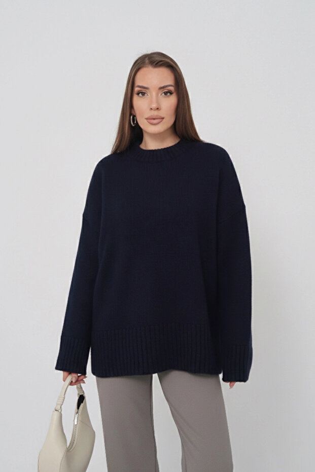 Women's Navy Blue Crew Neck Cotton Textured Long Sleeve Knit Sweater