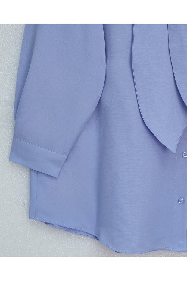 Fularlı Düğmeli Oversize Gömlek - Bebe Mavi - 3