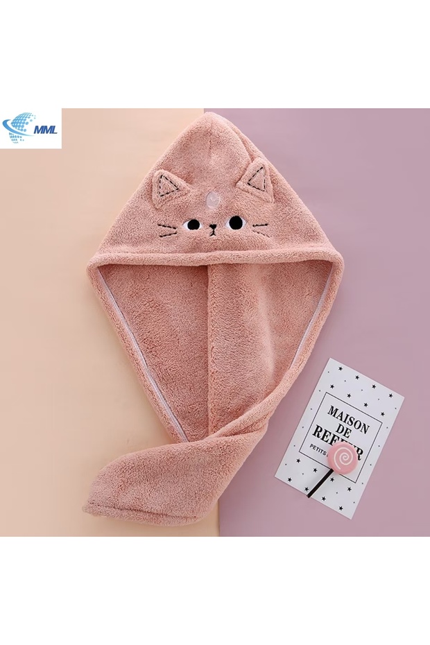 Pink Women's Quick-Dry Absorbent Thickened Korean Cute Bear and Silly Cat Embroidered Shower Cap Tow