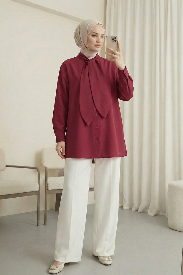Scarf-Buttoned Oversize Shirt - Burgundy