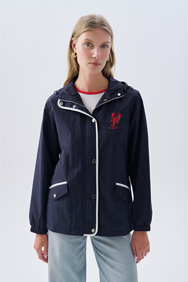 Women's Navy Blue Embroidered Hooded Raincoat