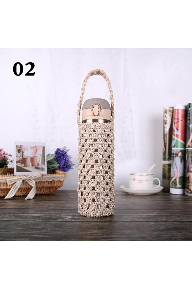 02 begie Portable Thermos Cup Sleeve with Handle 400-600ml Crhet Water Bottle Cover Case Knitting Wa