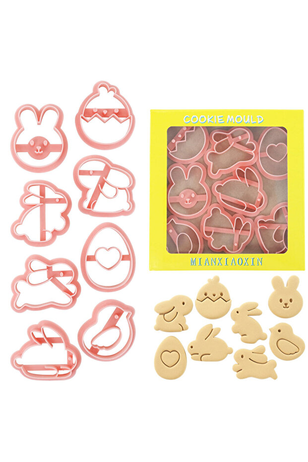٨ قوالب تقطيع بسكويت صغيرة لعيد الفصح، ثلاثية الأبعاد، على شكل أرنب وكتكوت وبيضة. - 1