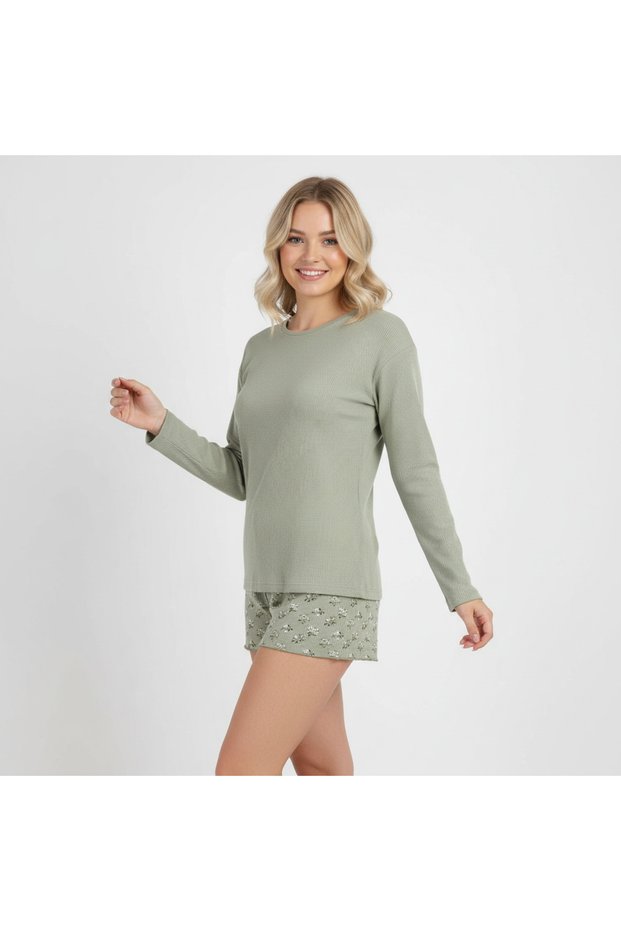 Women's Jacquard Bohçalık Dowry Long Sleeve Light Green Color 2-Piece Pajama Set Bb2315