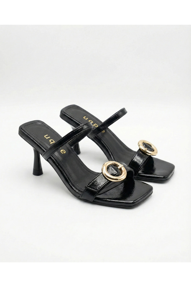 Talya Gold Ring Buckle Goblet Heeled Slippers - Black Wrinkled