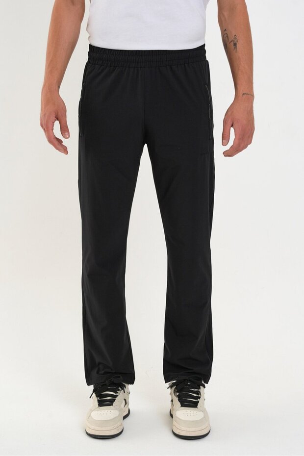 Black Men's Sweatpants with Zipper and Three Pockets, Thin Draped Fabric, Comfortable Fit, Classic Leg