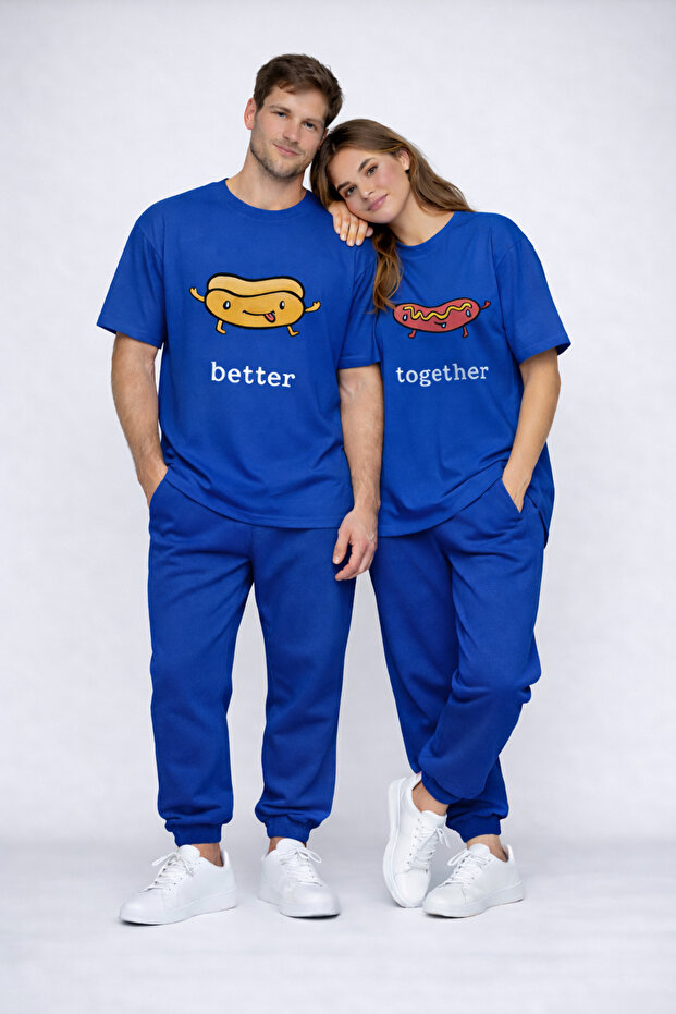 Better Together Printed Lover's Matching Couple T-Shirt Oversize Unisex Couple Combination Navy Blue