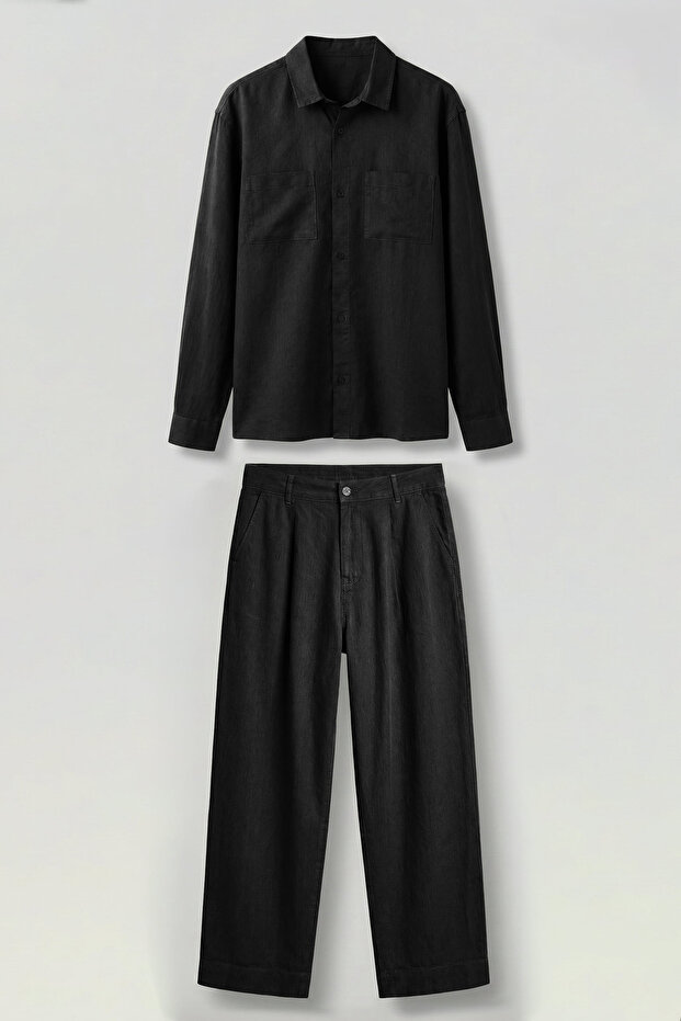 Men's Loose Fit Shirt Trousers Linen Two-Piece Set Black