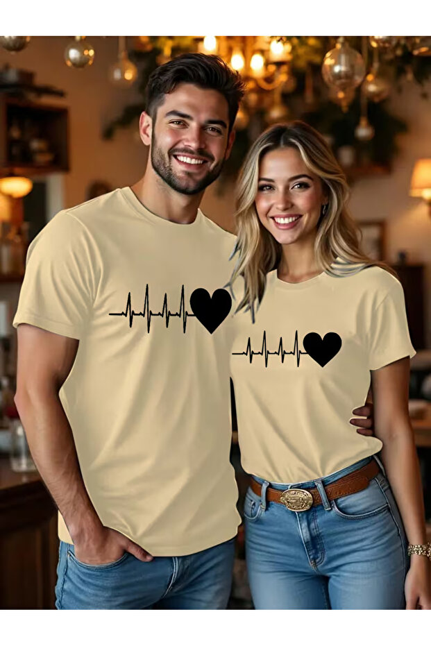 Heart Rhythm Themed Lover's Combination Couple T-Shirt Oversize Unisex Romantic Couple