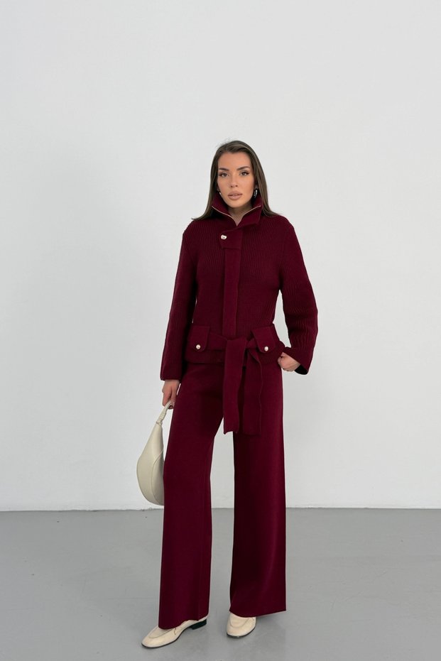 Women's Burgundy High Collar Belted Premium Quality Knitwear Cardigan Wide Leg Pants Knitwear Set