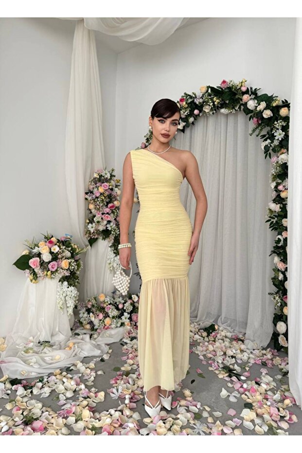 Tek Omuz Drapeli Tül Elbise - 6