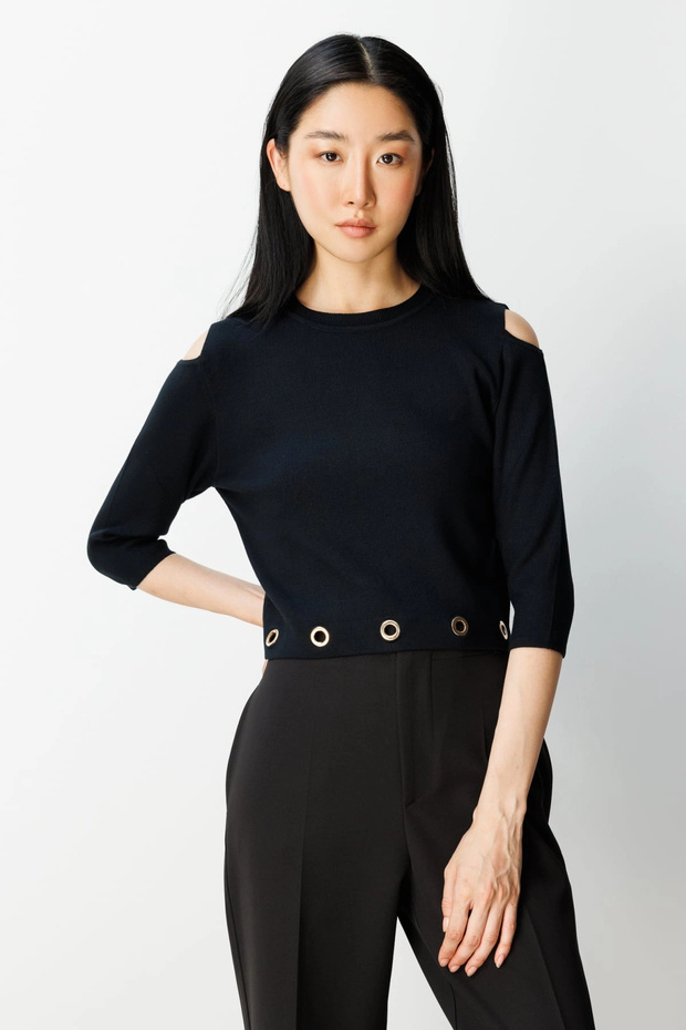 Women's Six-Eyelet Crew Neck Black Sweater 65319
