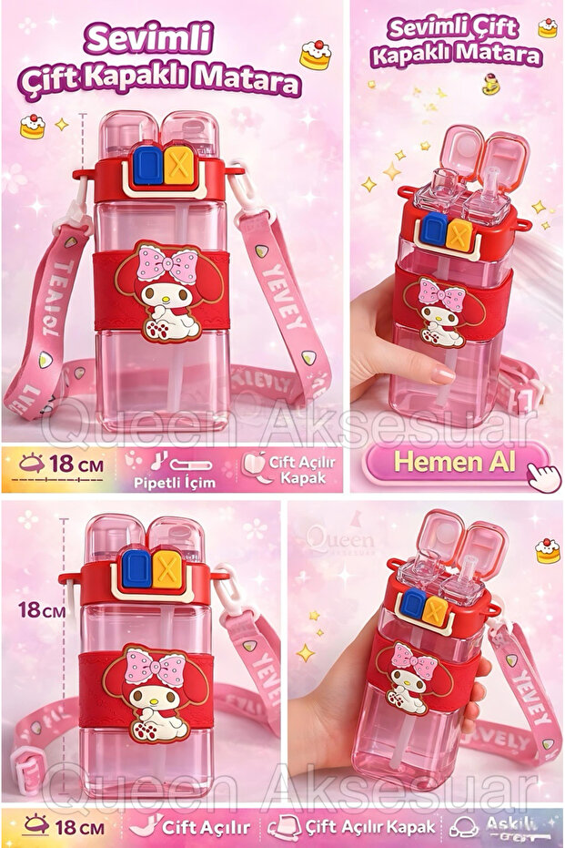 Double Lid Buttoned Cute Kuromi Hello Kitty Silicone Fancy Water Bottle with Straw and Strap for Children