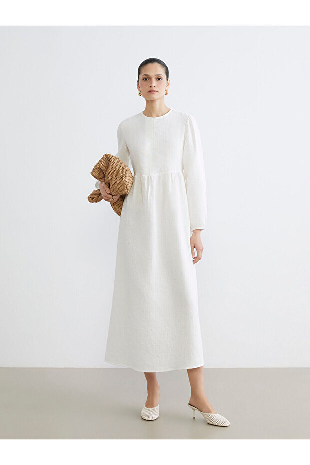 Balloon Sleeve Muslin Long Dress (S6)