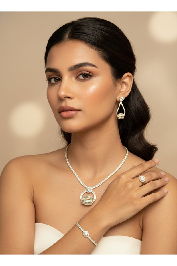 Zircon Stone Single Ball Detailed Necklace Earrings Bracelet Set – Stylish Evening Dress Jewelry Set