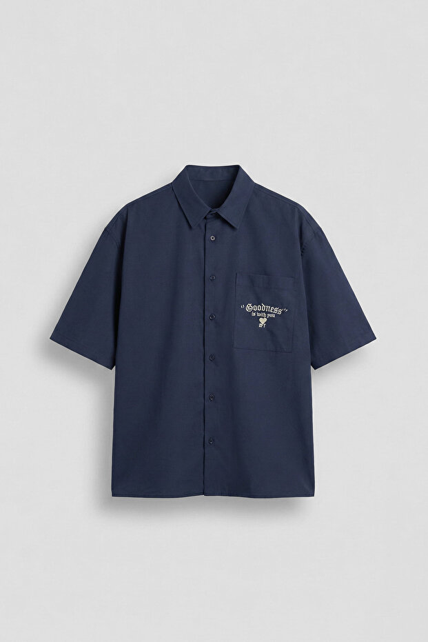 Men's Back Printed Short Sleeve 100% Cotton Shirt Navy Blue
