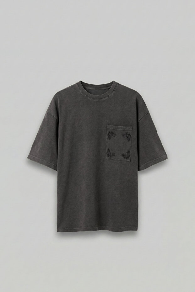 Men's Oversize Premium Pocket Embroidered T-Shirt Black