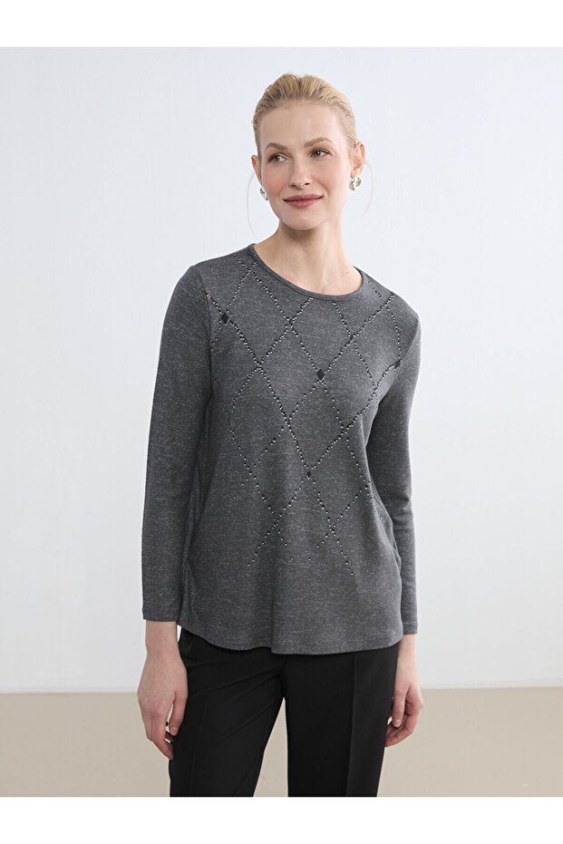 Lcw Grace Anthracite Crew Neck Patterned Women's T-Shirt