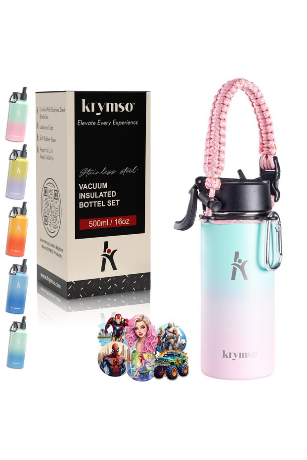500ml Stainless Steel Water Bottle for Kids with Straw, Stickers, Thermos school Bottle (Candy)
