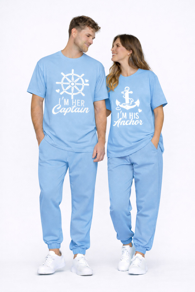 Sevgili Kombini Oversize Couple T-Shirt Unisex Captain Anchor Printed Matching Model Captannvrmnd Blue