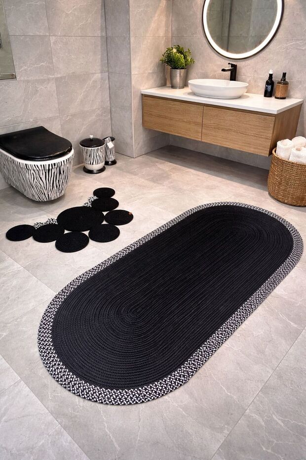 Jute, Straw. Black Bath Mat, Toilet Seat Mat Set of 2