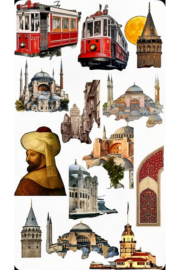 Istanbul Sticker Set 22×30 cm – Tram, Galata Tower & Historical Buildings Sticker Collection