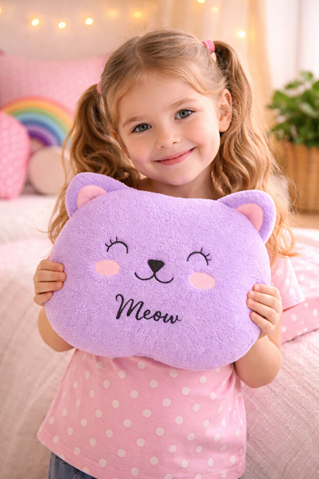 Plush Decorative Pillow with Cute Cat Figure – Soft Textured Kids & Teen Room Throw Pillow with Meow Written on It