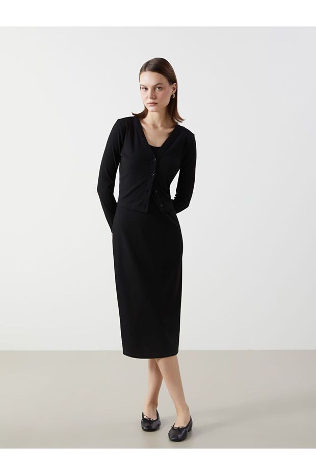 Lcw Comfort Black Crew Neck Dress and Cardigan