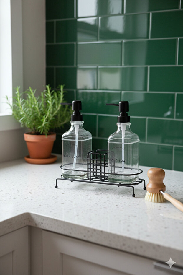 Double Glass Soap Dispenser Set with Metal Stand – 500 ml Liquid Soap Dispenser and Sponge Holder Black