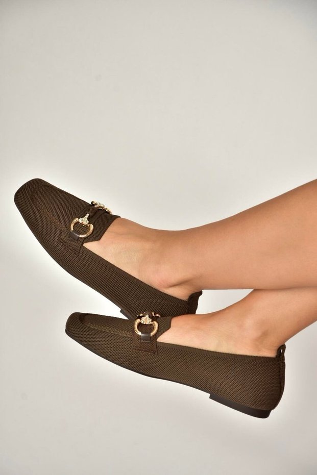 Y820400104 Brown Knitwear Fabric Buckle Detailed Women's Ballerinas