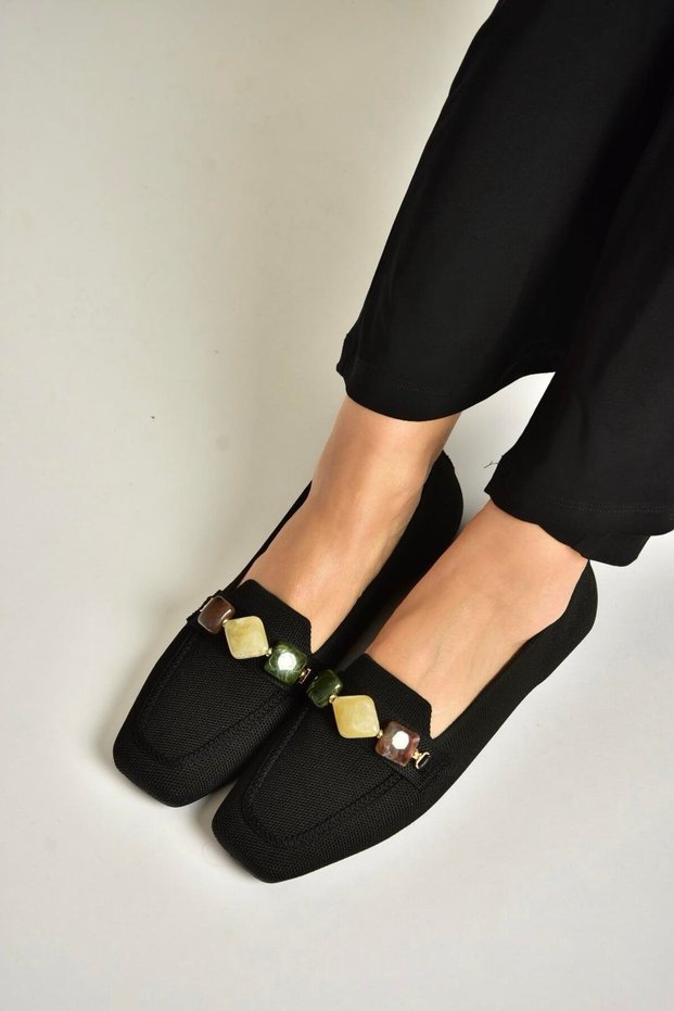 Y820400304 Black Knitwear Fabric Bead Detailed Women's Ballerina Shoes