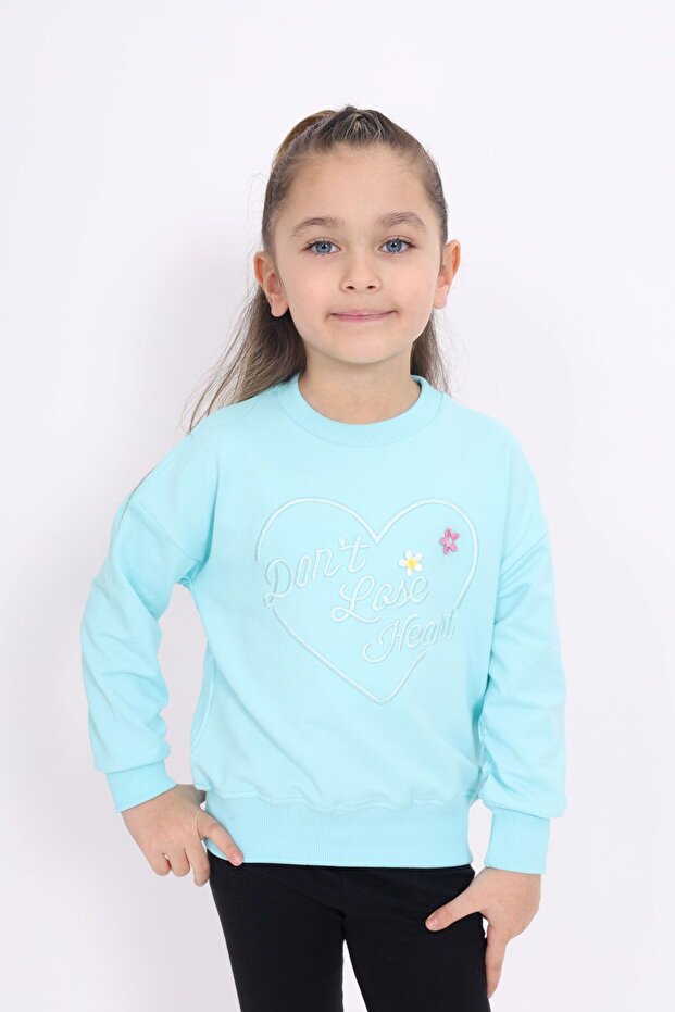 Girl's Relax Fit Crew Neck Lightweight Drop Shoulder Embroidered Printed Sweatshirt - 2 Yarns