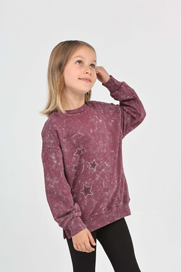 Girl's Relax Fit Crew Neck Drop Shoulder Printed Slit Sweatshirt - 2 Yarns