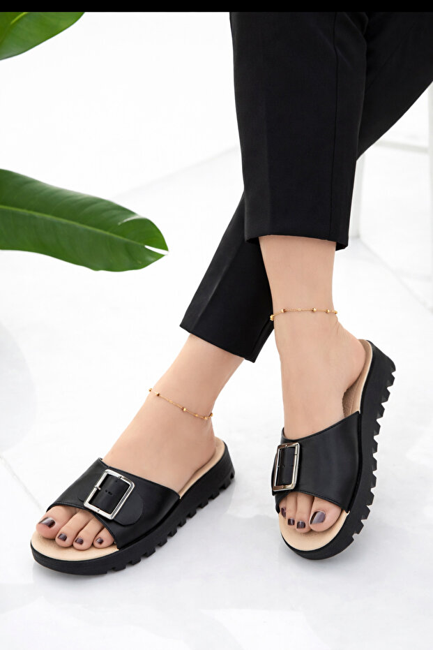 Black Wedge Sole Women's Slippers with Buckle – Stylish Slippers with Comfortable Massage Soles for Everyday Use