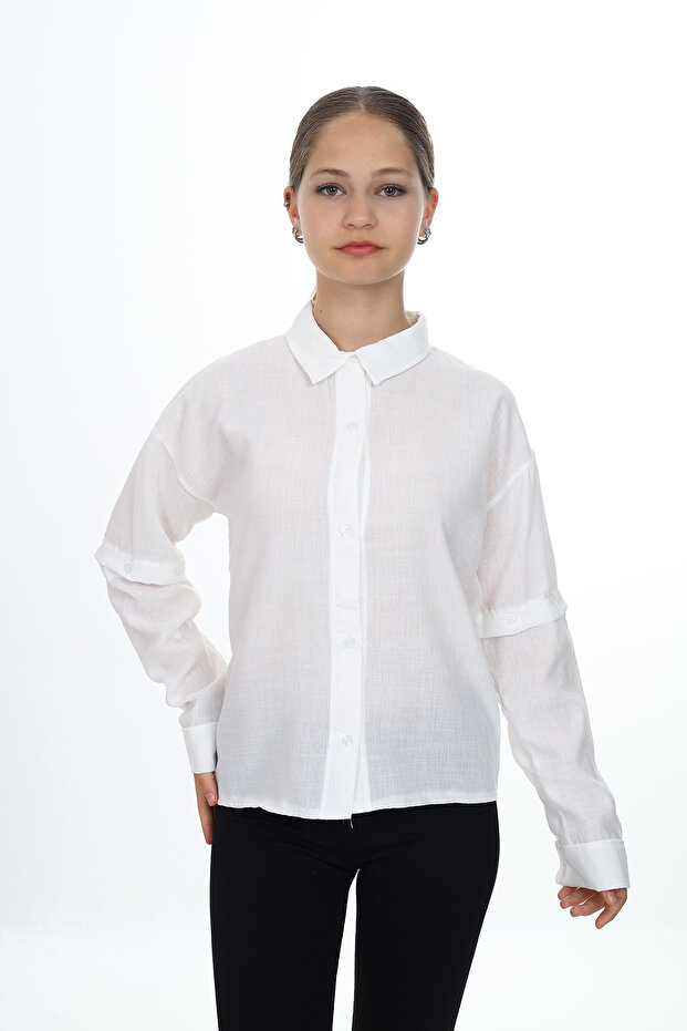 Girl's Regular Fit Drop Shoulder Long Sleeve Linen Look Woven Shirt - Detachable Collar