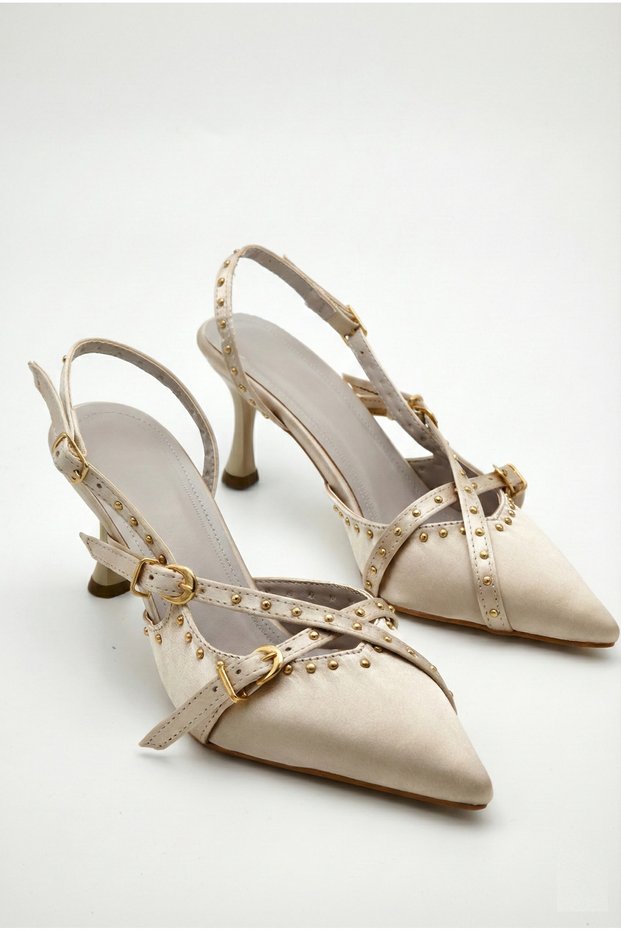 Women's Special Design Beige Satin Metal Buckle Accessory Upholstered Pointed Toe Thin Heeled Shoes