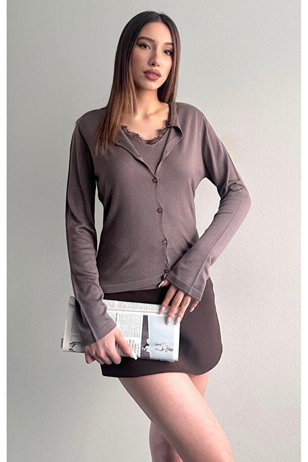 Combined Lace Jacket with Inner Straps Viscose Knitwear Cardigan