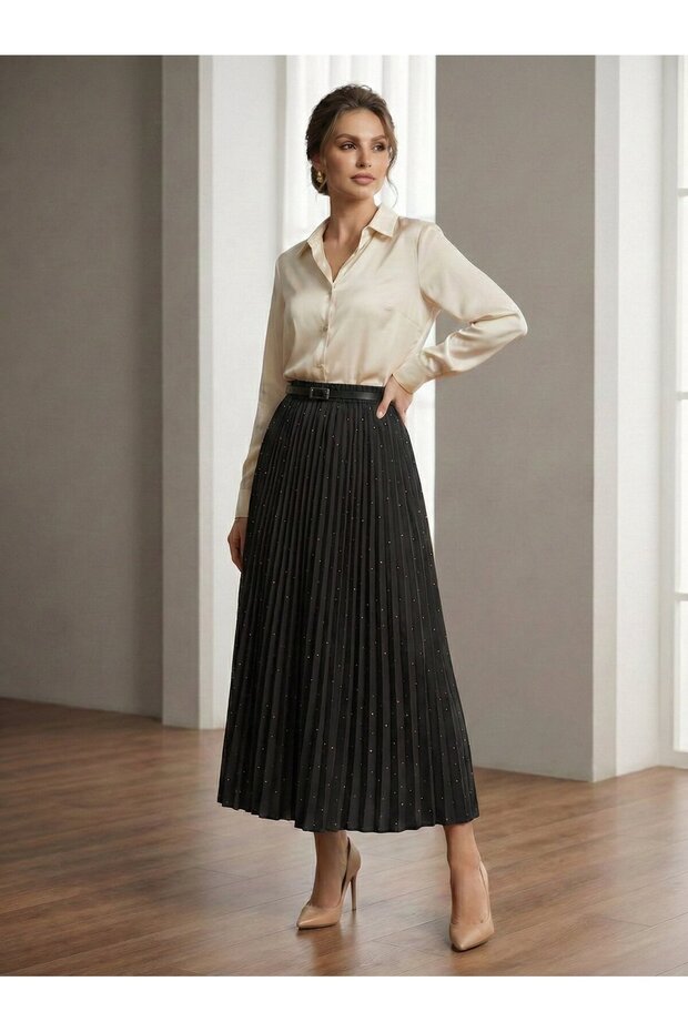 Elegant Stone Detailed Pleated Skirt