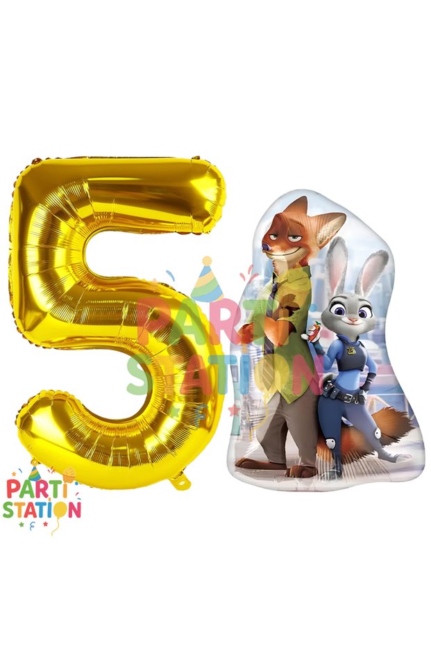 Zootopia Themed 5 Year Old Foil Balloon Set | Golden Figure & Nick Judy Balloon