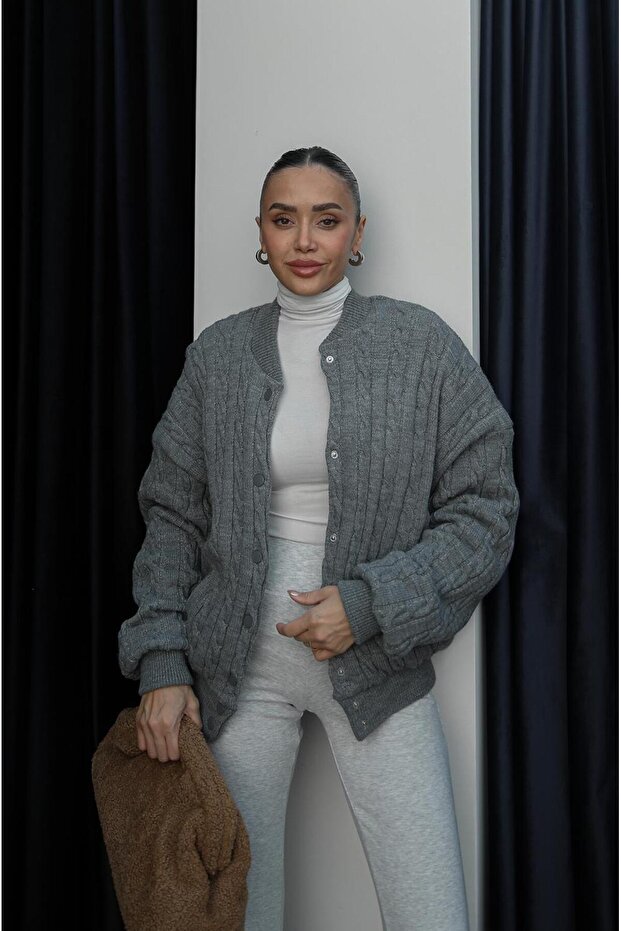 Gray Knitted Bomber Jacket - 5