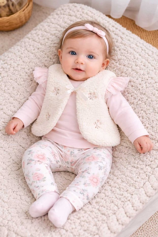Plush Vest, Sleeve Ruffle Detail, Baby Girl 3-Piece Set