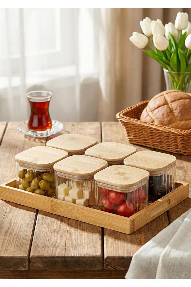 Glass Breakfast Set - Bamboo Square Breakfast Set 13 Pieces, Striped