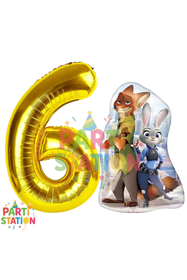 Zootopia Themed 6 Year Old Foil Balloon Set | Golden Figure & Nick Judy Balloon