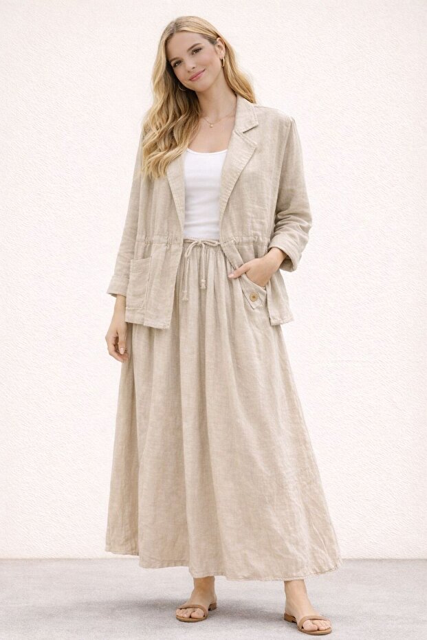 Women's New Season 100% Cotton Fabric Drawstring Jacket and Double Button Skirt (2-Piece Combination) 44/48