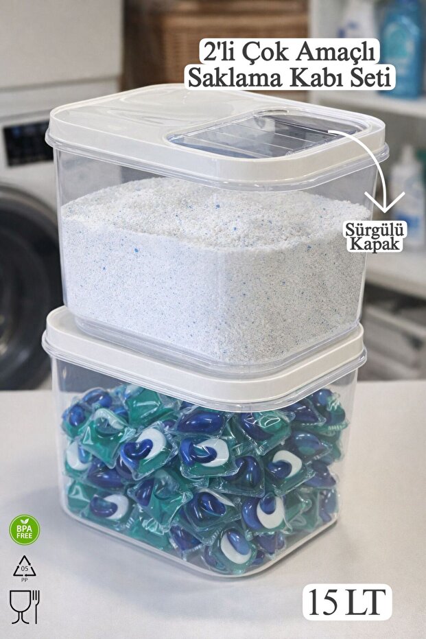2-Piece Multi-Purpose 15 Lt Food, Legumes, and Detergent Storage Container with Sliding Lid