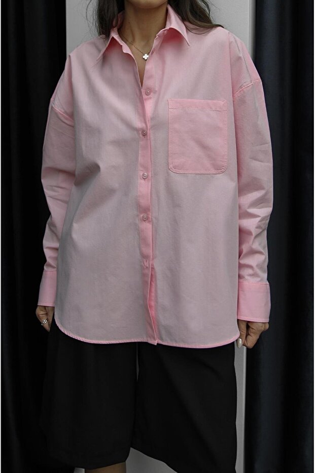 Pembe Tek Cepli Oversize Gömlek - 4