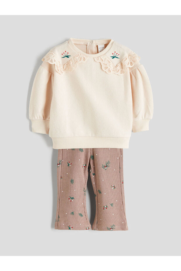 Alita City Farkıyla Lcw Baby Beige Baby Collar Soft Textured Baby Girl Sweatshirt and Leggings
