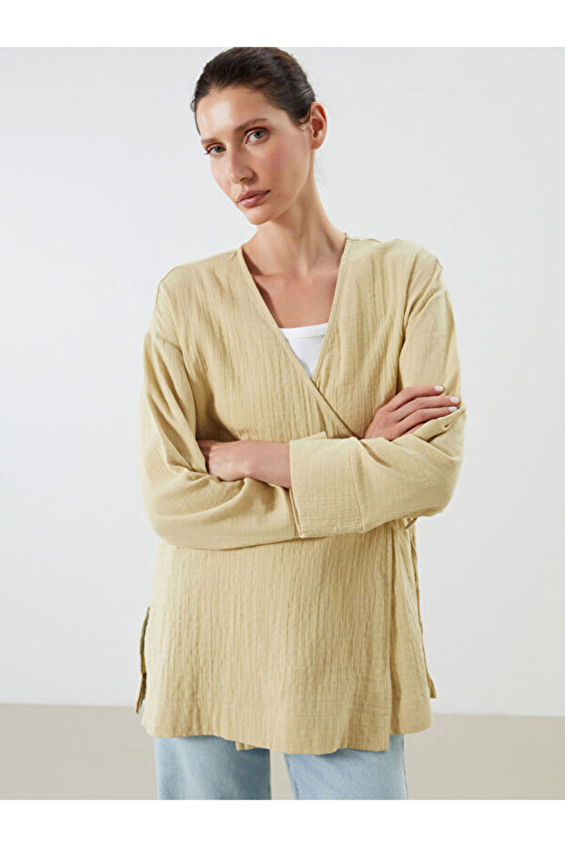 Esvab • Modern & Distinctive Double-Breasted Roba Collar Textured Slit Women's Kimono